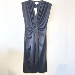 Lisaro & Co Womens Black Sequin Draped V-Neck Cocktail Midi Dress Size 8 NEW